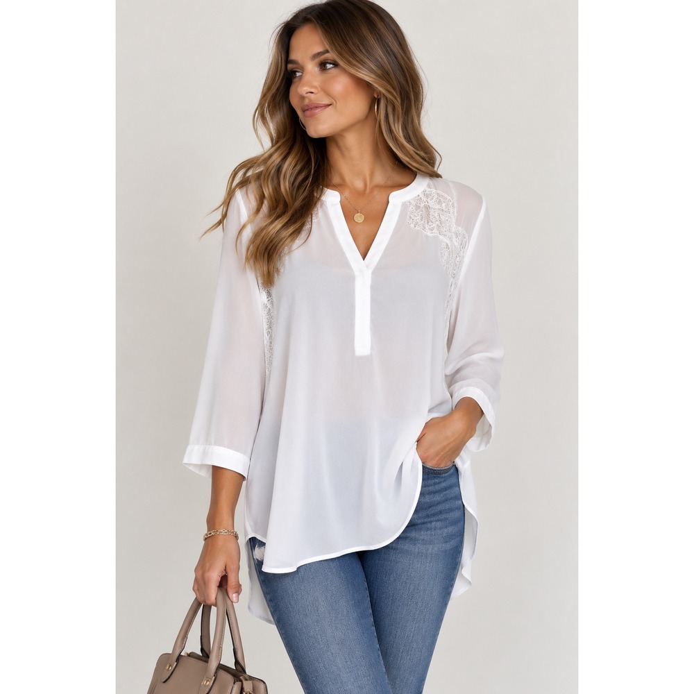 Chicos White Lace Shoulder Pleated Back Tunic Blouse 3/4 Sleeve Size 0 Small